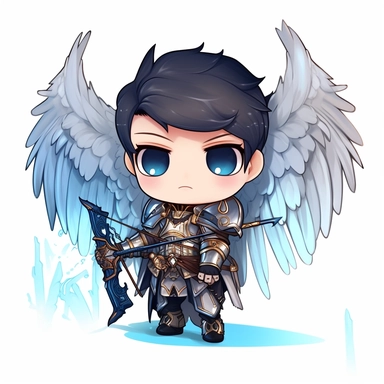 zeeb labs art style boy, angel knight, tiny chibi body with blue lighting armor, crown, wings, bow & arrows, smerk, super long cape, clipart, sticker, no background, hd