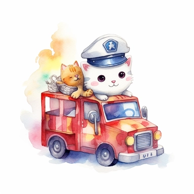 watercolor illustration of adorable cute Emergency vehicle kawaii, digital art, concept,art,8k,hd,kawaii,isolated,detailed,white backround, clipart