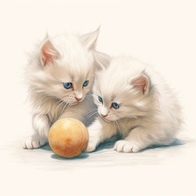 2 fuzzy long haired white kittens playing with a ball , color pencil sketch on a white background for clipart
