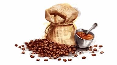 clipart, watercolor, Coffee beans spilling out of a bag or jar, soft tones, food art, clipart, clear border, hd, on white background,