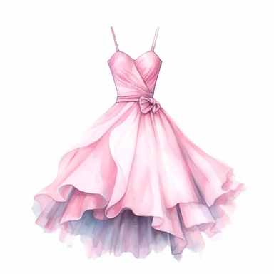 Watercolor pink elegant party dress drawing, illustration clipart, high detailed, white background, digital art
