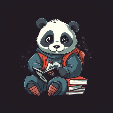 a t-shirt design with a panda mascot for an elementary school, cute and fun, panda sitting down with a book bag on, vector art, sticker art, simple illustration, interesting design, 2 colors only, tshirt art, simple clipart