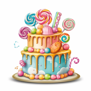 Create a clipart image of a birthday cake with a whimsical theme. Incorporate elements like candy, lollipops, and colorful fondant decorations.