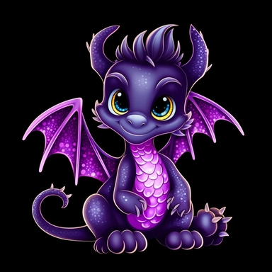 cute cartoon black and purple dragon clipart, black background,--no cut off edges