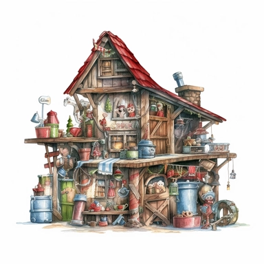 watercolor style, Santa's workshop: A depiction of Santa's magical workshop, bustling with elves, toys, and gift preparations. Clipart, isolated on white background, 4K