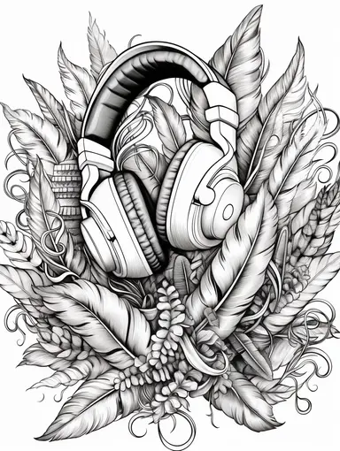 Coloring book, white background, clip art, line work. Headphones and feathers for music.