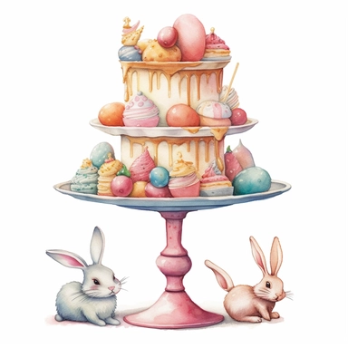 whimsical watercolour clip art against a white background easter themed cake on a cake stand