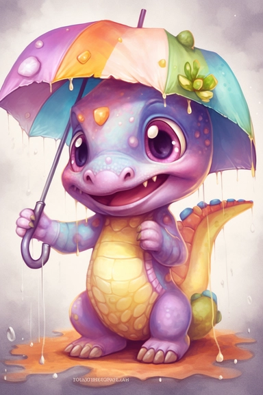 a clipart image of the cute baby dinosaur with the big cutest eyes, long eye lashes, and cutest face expression. Dinosaur is standing under umbrella. and feels safe calm and happy. vanilla, pink, violet, purple, yellow, blue and orange watercolours water colour sctretch by Artgerm and Sakami Chan.