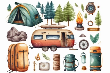 travel items clipart set isolated on white. Watercolor camping concept illustration set. Tourism themed design on a white background, watercolor, hyperrealism, high detail, separate elements, set