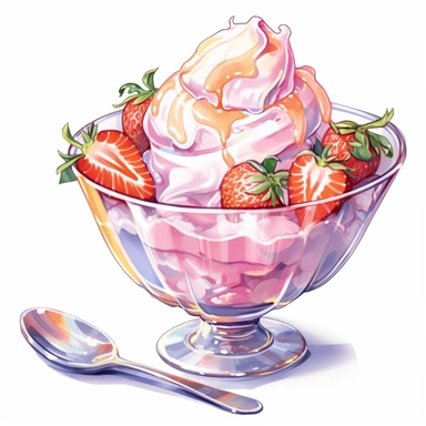 a drawing of a dessert featuring candy and whipped cream, icecream sundae, pink strawberries, glass bowl, in the style of pastel toned, shiny/glossy, fantasy realism, caffenol developing, warmcore, #screenshotsaturday, rubens, white background, isolated, free brushstrokes, watercolor illustration, clipart,