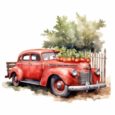 tomato plant with a scarcrow watercolor clipart & clip art, in the style of light red and dark gray, narrative paneling, classic american cars, uhd image, hand lettering, depiction of rural life, wood