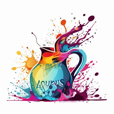 aquarius zodiac emptying waterjug in the style of colorful splatter graffiti, sticker, clipart, vector, contour, colorful messy paint, white background
