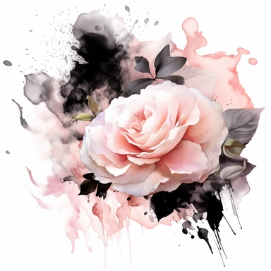 clipart, white background, lush and magical palest pink roses, white background, swirling magical black alcohol inks in the foreground, clip art