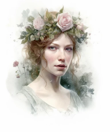 isolated on white illustration watercolor art of a portrait of beautiful feminine princess, overgrown with white and light pink roses and flowers, covered with snow and ice, a lot of moss and branches, lace and embroidery, trees, masterpiece by Tom Bagshaw style and by Carl Holsoe style and by James C. Christensen style and by Alexander Jansson style, Baroque fashion, PNG clipart, isolated on white, white background, extreme photorealistic details, 32k HD resolution, realistic high detailization