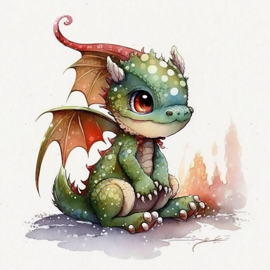 watercolor, full body baby christmas dragon, cute, big eyes, clip art, colorful ar 2:3