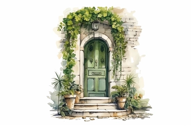 interior design scene, watercolor and ink style, boho green front door with plants, clipart on plain white background, nature vibes, super high detail ultra precision 16k HD, clean crisp brushwork, painted by Beatrix Potter