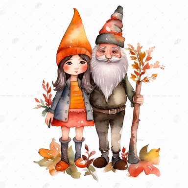 watercolor, fall Gnome Couple and Halloween Decor png Full body realistic cartoon in 32K UHD cute. 15 cm thick outline. Black color. There was no shadow on the ground. 8k with realistic watercolors and detailed illustrations. PNG clipart, transparent white background