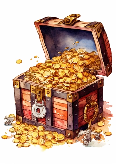 cute watercolor underwater pirate treasure chest full of gold clipart, full body, hd, on white background, spaced out