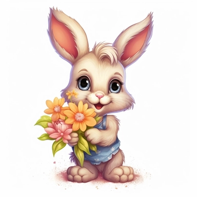 Cute Beautiful bunny holding a flower Sublimation Clipart, Cartoon, hyper realistic, intricate detail, illustration style, high solution, on the white background