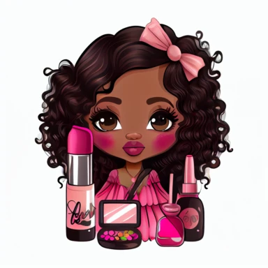 stickers, clipart, very beautiful woman dark skin wavy hair. manga style kawai kpop chibi. luscious pink lips. rosy cheek. nice makeup. dynamic picture. she is getting a manicure. white background.8K.very detailed. full body detail.