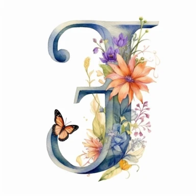 letter J, decorated with wildflower, subtle butterlies, fine details, soft pastel watercolors, clipart
