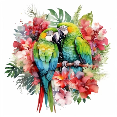 Amazon Parrots with tropical gardens, watercolor sublimation design, Sublimation Clipart,hyper realistic, intricate detail, illustration style, isolated on white background for removing background, Super-Resolution, Megapixel