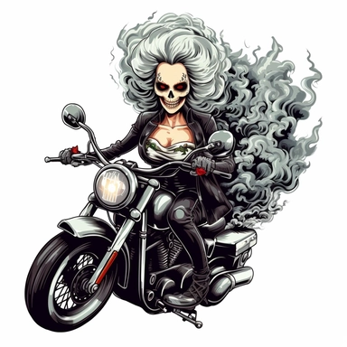skull headed motorcyclist on a harley looking like a las vegas showgirl white background clipart c 100