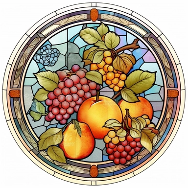 Vintage Cute Beautiful Round Stained Glass fruit Sublimation Clipart, Cartoon, hyper realistic, intricate detail, illustration style, high solution, on the white background