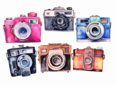 Watercolor clip art on white background, Retro Cameras Clipart, high-resolution image with vibrant and true-to-life colors, isolated