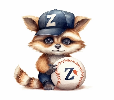 create watercolor clipart of letter Z , cute animal in baseball costumes with baseball, incredibly high detail, 16k, gorgeous, white background
