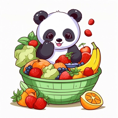 Clipart of a cute panda eating fruits kawaii style full multicolor white background