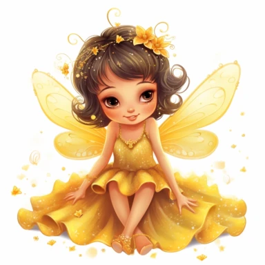 a picture of a cute, glittery fairy in a beautiful, sparkly yellow dress with wings sitting and happy knowing her friends love her for clipart on a white background