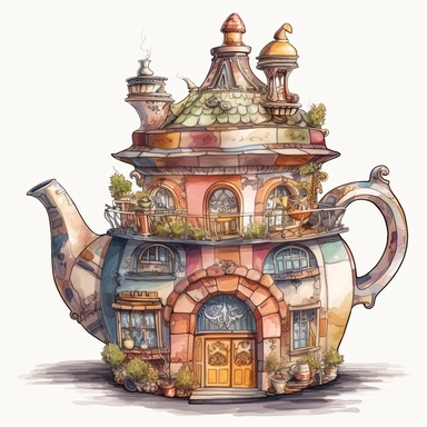 a Teapot House watercolor Clipart sublimation clipart graphic, full body, clipart, sticker, a single picture, cartoon style, highly detailed, 8k, one image in the frame--no text in the picture--