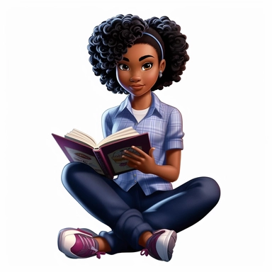 3D toy of a young happy black girl wearing a school uniform outfit sitting down reading a book in the style of boondocks in the style of marvel comics cartoon with white background can't believe how beautiful this is clipart, graphic vector, isolated on white background