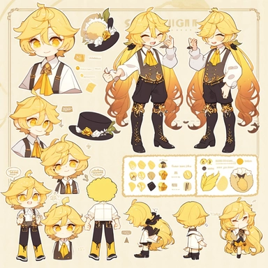 character sheet, knoling, clipart, inventory catalog, cute chibi character, golden wavy long hair, long bangs, yellow-green eyes, flat chest, beautiful young boy, gothic, frill, lace shirt, high West brown shorts, yellow bird, mimosa, yellow jewelry, ribbon