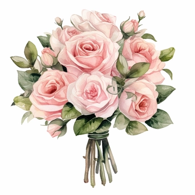 Isolated on a white background, in a feminine style that is populair on Etsy, pink roses bridal bouquet, high resolution, highly detailed, watercolor clipart illustration, soft pastel color theme, baby pink, 8k UHD isolated image on white background, hyper - realistic high definition