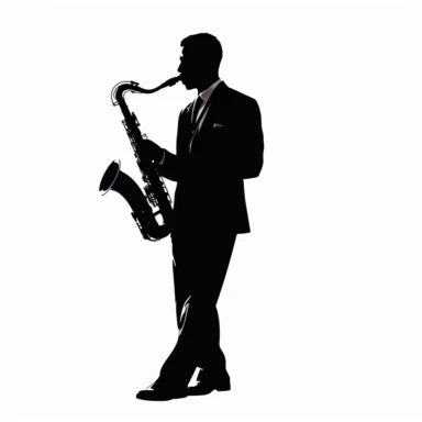 a simple clipart, side view, vector of a beautiful jazz silhouette. By Augustin Edouart, HD, on white background, space out, flat.