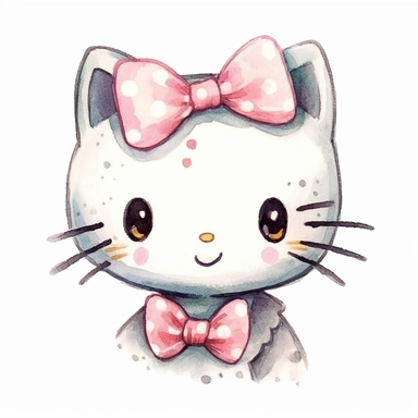 hello kitty, hand drawn, watercolor, clipart, cute cartoon illustration, simple, white background
