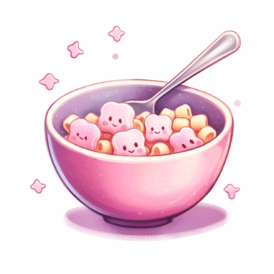 kawaii pink bowl of cereals with a spoon inside de bowl, pastel dusty pink palette, super cute, so adorable that is breaks your heart, full body, watercolor clipart, isolated on white background, cute-core