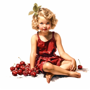 adorable little vintage girl sitting on a big bunch of glossy ripe cherries, face looking straight, full body, clipart style, accurate details, oil painting technique, super high quality, professional watercolor clipart, high resolution