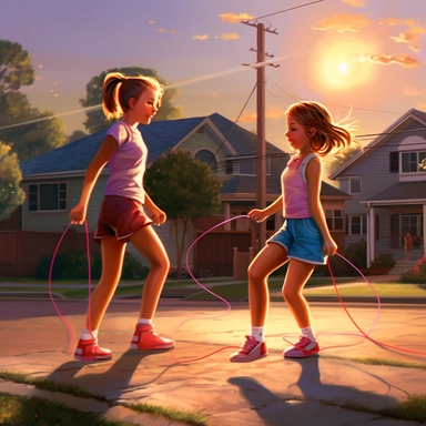 Young girls playing jump rope game in suburban neighborhood, bold colors, retro neon style, photorealistic, high-resolution photography, transparent background PNG clipart – ar 16:9