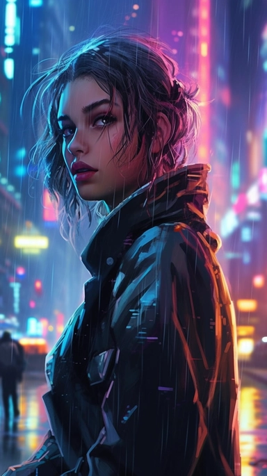 beautiful stunning pretty vintage cyberpunk anime girl, paint art style, clipart, city landscape background, superrealistic, one of a kind