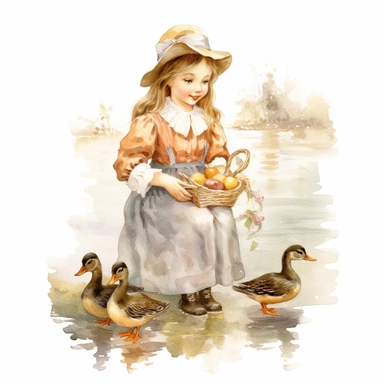 victorian vintage adorable little girl feeding ducks with baquette, full body, pastel beige colors, clipart style, watercolor technique, super high quality, professional watercolor clipart, high resolution
