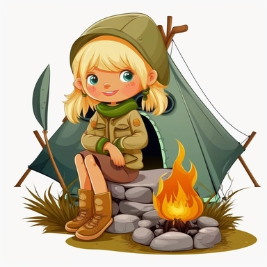 a cute scout girl, clipart, full body, blond, in nature, near tent and campfire
