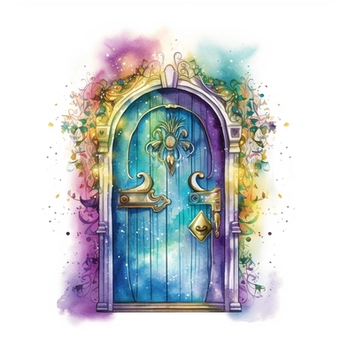 cartoon fairy door, glowing lights and sparkles, colors of green purple gold and blue, glamorous realistic and detailed, watercolor, white background with margins, clipart style