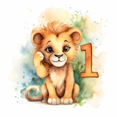 A super cute smiling lion holdaing the number 1, in the style of delicate children's book illustrations, super detailed, with pastel painting techniques creating a soft and dreamy effect, clip art style, set against a clean white background