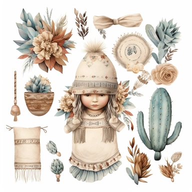 create beautiful clip art layout for boho baby items in high detail, uhd, white background, no shadows, extremely high resolution