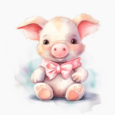 a captivating watercolor clipart image with a white background and white margins, featuring a cute sweet extremely happy stuffed piggy toy. The ultra-detailed, hand-drawn elements capture the details. Use vibrant shades of various colors to create a visually appealing image