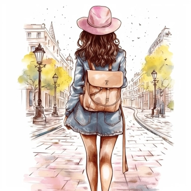 Cute Beautiful Travel Girl Back View Full Body Watercolor Sublimation Clipart,Cartoon,hyper realistic, intricate detail, illustration style,high solution,on the white background, in paris, .jpg