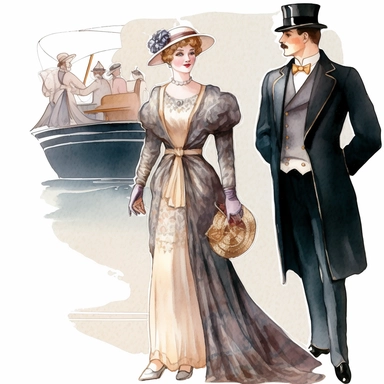 watercolor vintage boutique retro victorian fashion titanic clipart, white background, spaced out, hd--v 5